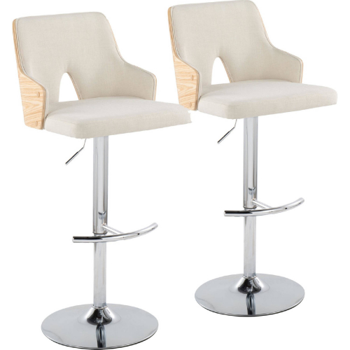 Stella Adjustable Swivel Bar Stool in Chrome, Natural Wood & Cream Fabric (Set of 2)